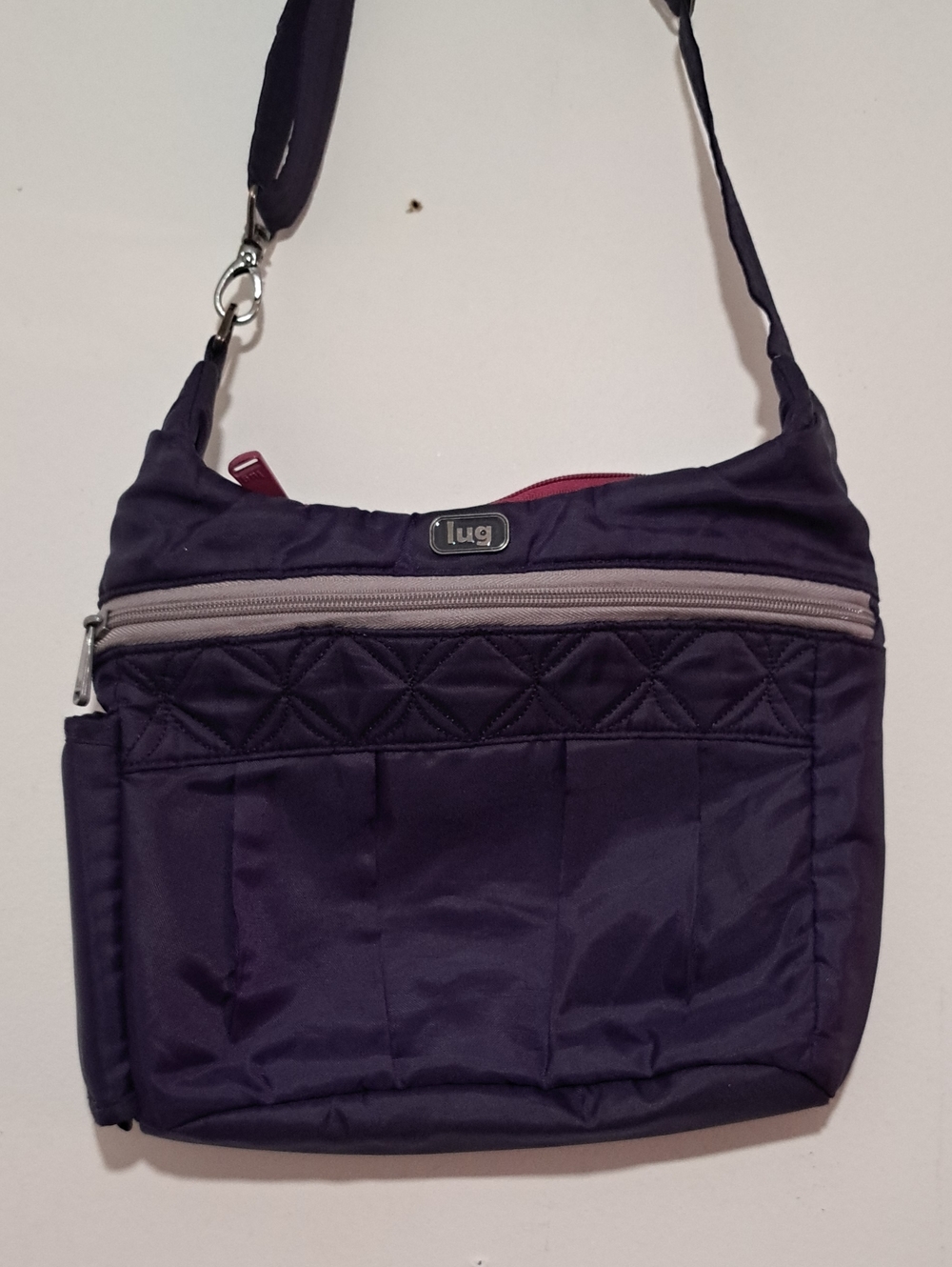 lug Quilted Crossbody Bag in Purple And Pink with Silver Zipper Accents